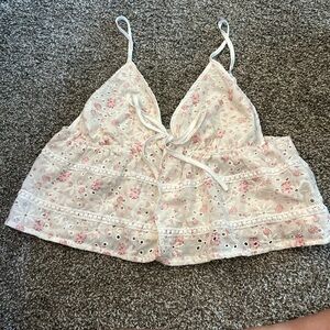 SHEIN Pink and White Tie Front Crop Camisole